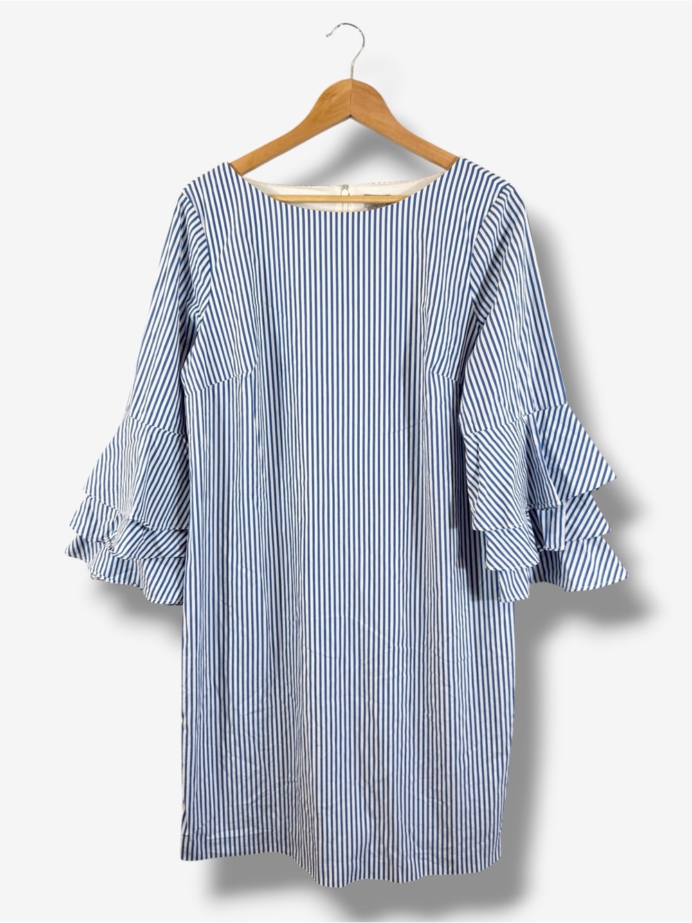 Chico’s Blue White Stripe Shift Dress Size 2 (US L/12) Bell Ruffle Sleeve Casual